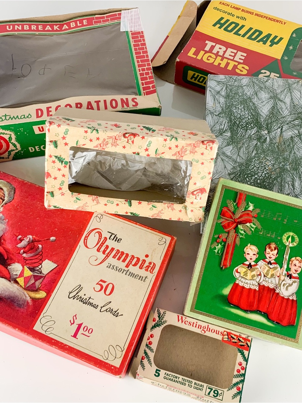 Vintage Empty Christmas Ornament Holiday Light Cards Bulbs Boxes Graphic Lot